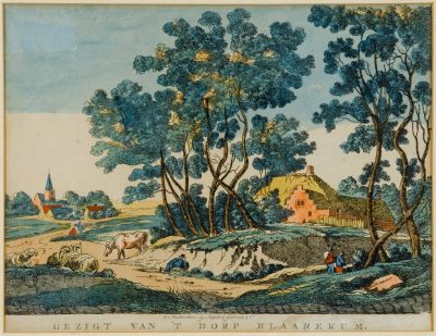 ingekleurde kopergravure met voorstelling van 'Gezigt van 't dorp Blaarekum', plm. 1790